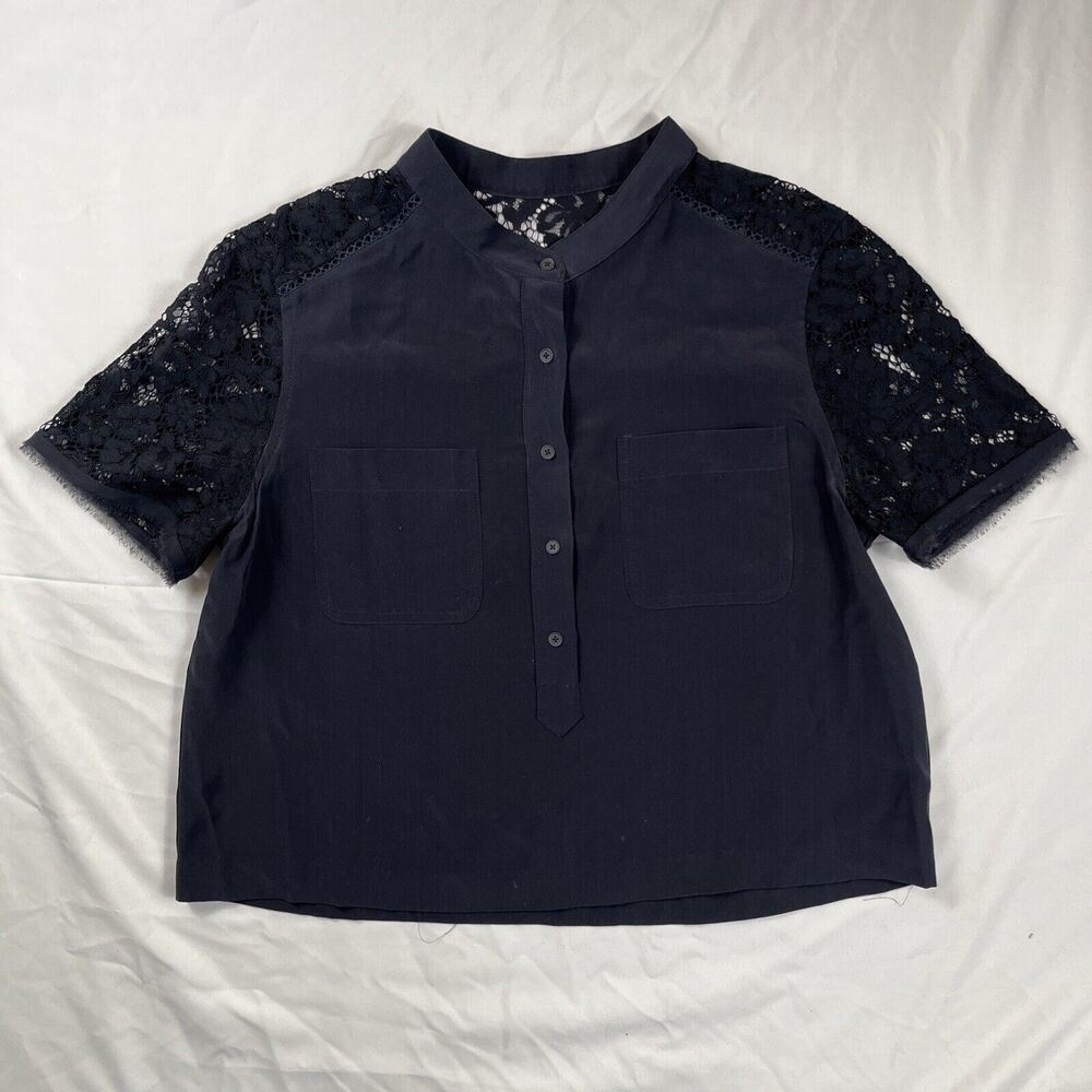 Rebecca Taylor Navy Blue Top Size 0 Silk Small Short Sleeve Round Neck Keyhole